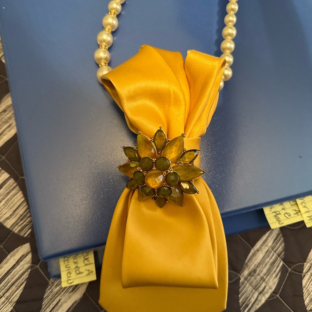 Yellow Satin Scarf with Pearl Necklace and Brooch